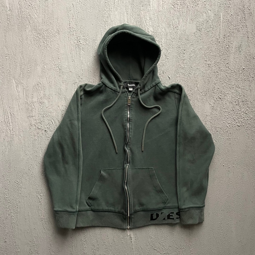 Vintage Diesel Logo Full Zip Hoodie Men Medium Green Y2K